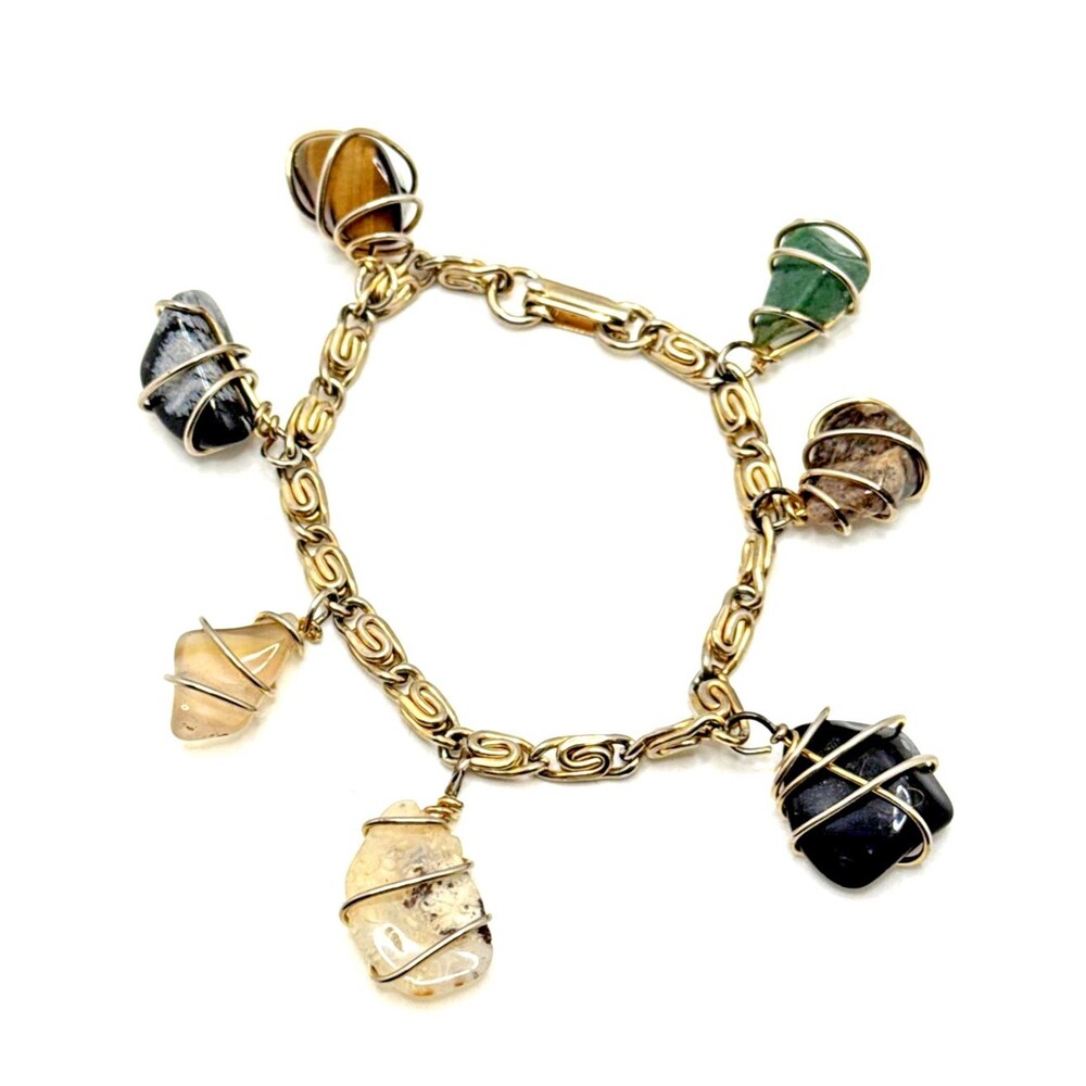 Vintage Caged Semi Precious Stone Multicolor Charm Bracelet Gold Tone Chain 7"